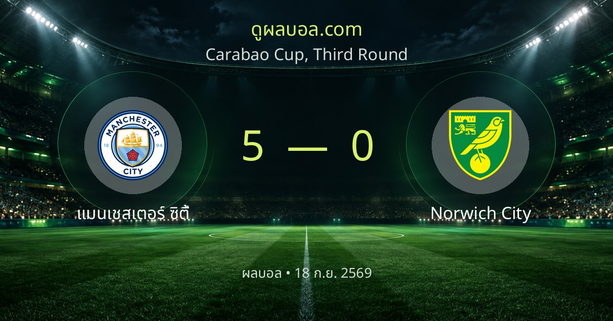 ผลบอล Carabao Cup, Third Round: แมนเชสเตอร์ ซิตี้ 5-0 Norwich City | สรุปผลการแข่งขัน